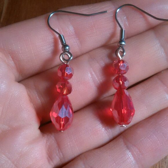 Beveled Red Glass Three Stone Silvertone and Stainless Steel Dangle Earrings - Picture 9 of 11